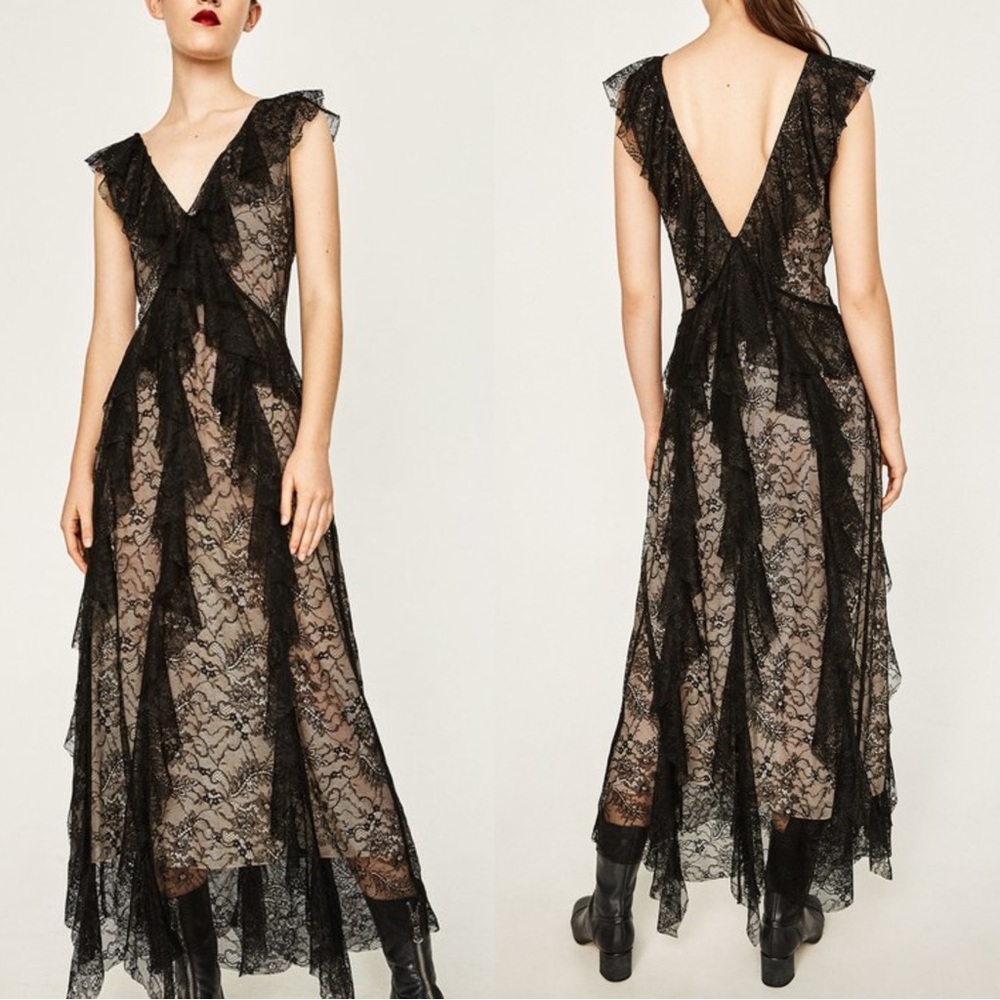 ZARA WOMAN STUDIO NWT PREMIUM Black & Nude Lace Ruffle Frill V Neck Maxi Dress - Picture 14 of 14